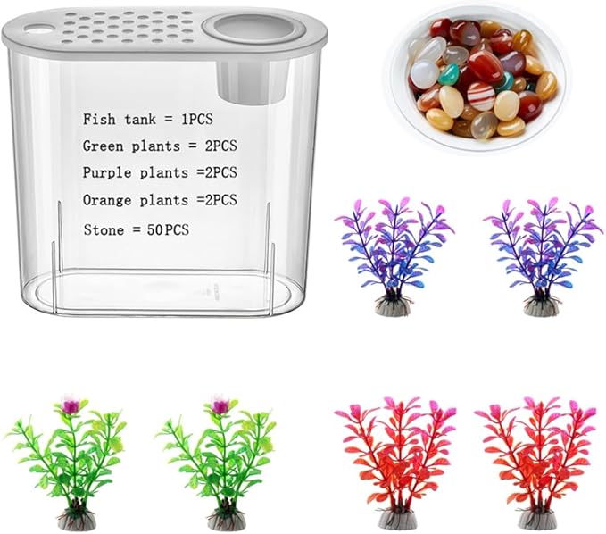 Small Fish Tank 2 Gallon, Desktop Mini Fish Tank, Starter Kits Betta Fish Tank with Decor Stones and Water Grass Decorations for Home or Office