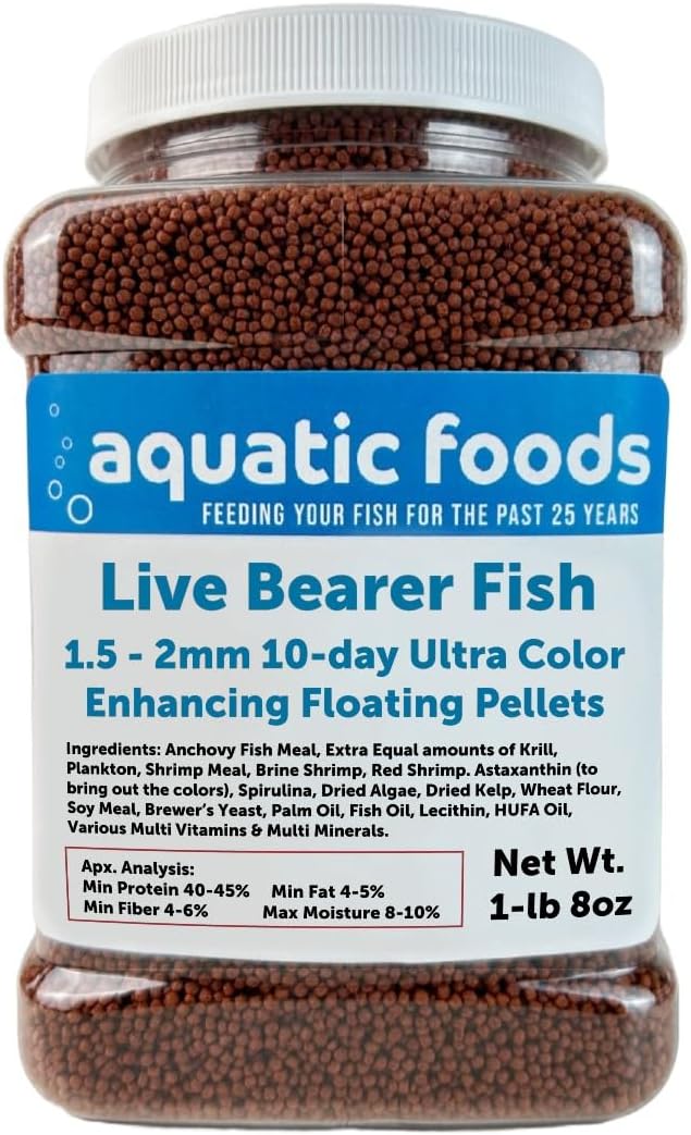 Live Bearer Ultra Red Color Enhancing 1.5mm-2mm Floating Pellets. Color Enhancing in 10-Days for Swordtails, Platies, All Live Bearers…1-lb 8oz Medium Jar