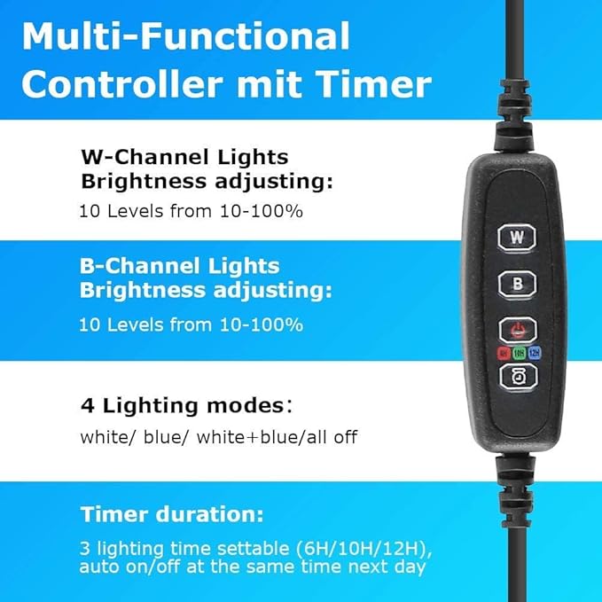 Aquarium Light for Fish Tank,Auto on/Off Submersible White and Blue Aquarium Plant Light with Timer and dimming Function (7.5 inch （Timer & Dimming Function)