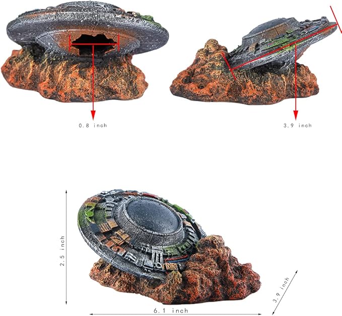 Ulifery Sunken UFO Aquarium Decoration Wrecked Sci-fi Spaceship Ornament Alien Item for Betta, Little