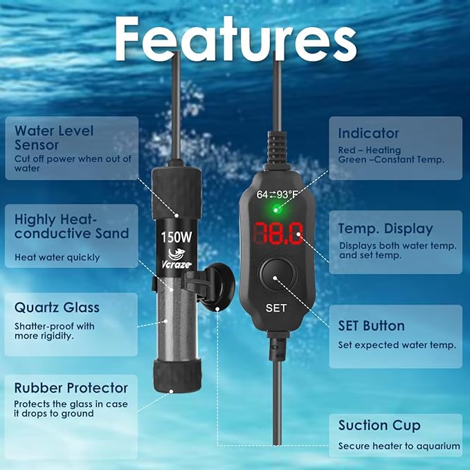 150W Compact Aquarium Heater for 15-30 Gallon Tanks | Super Short Submersible Fish Tank Heater with LED Digital Thermostat, Dry-Run & Overheat Protection, Memory Function