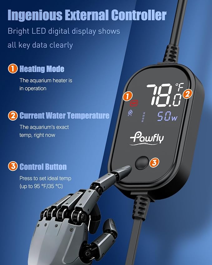 Pawfly 50 W Submersible Aquarium Heater, 5-10 Gallon Fish Tank Heater Betta Heater with Overheating Protection & Digital Display External Controller, Submersible Fish Tank Heater Small Aquarium Heater