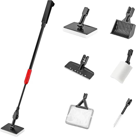 6-in-1 Aquarium Cleaning Tool Aquarium Algae Scraper for Fish Tank Including Fish Brush Sand Rake Pad Sponge Telescopic Handle Multi-Usage Aquariums Glass Cleaner Set for Slatwater Freshwater
