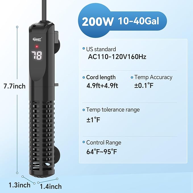 hygger Ceramic Submersible Aquarium Heater, New Explosion-Proof Fish Tank Water Heater with External Temp Controller Auto Thermostat Heater for Saltwater Freshwater (200W for 10~40 Gallon)