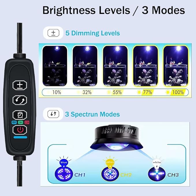 Ahareef Clip-on Full Spectrum LED Reef Light 30W for SPS/LPS Corals – Dimmable Aquarium Light with 3 Timers/5 Brightness/3 Models, Perfect for Saltwater & Nano Reef Tanks (16-20 Inch)