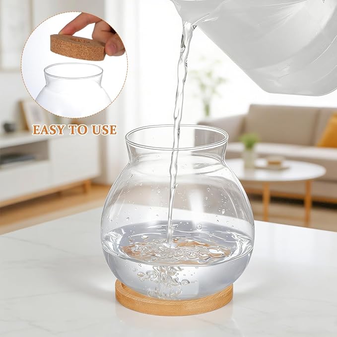 POPETPOP Desktop Glass Fish Bowl - Round Small Fish Tank with Wood Stopper & Bamboo Mat, Clear Glass Betta Fish Bowl for Succulent Plants, Hydroponic Air Plant (5.1X5.5 in)