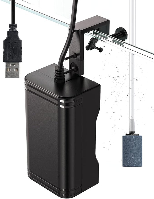 Pawfly 15 GPH Aquarium USB Air Pump Mini Quiet Oxygen Aerator Pump with Bracket Airline Tubing Air Stone Control Valve and Check Valve Accessories for 3-20 Gallon Nano Fish Tanks and Buckets