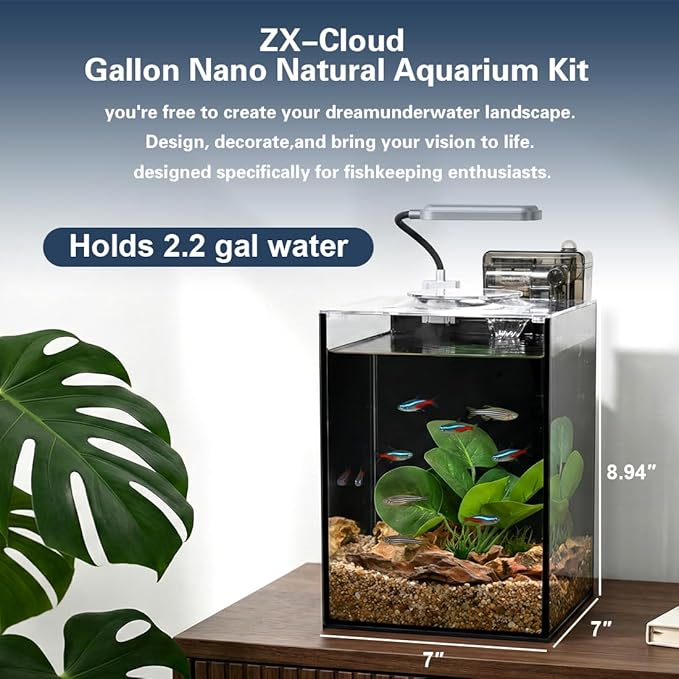 Fish Tank Kit,2.2 Gallon Small Aquarium,Ultra-Clear Nano Aquarium,Betta Fish Tank,Small Fish Tank,Aquarium Starter kit with Light,Filter,Pine Skin Stone,Sand and Artificial Plants