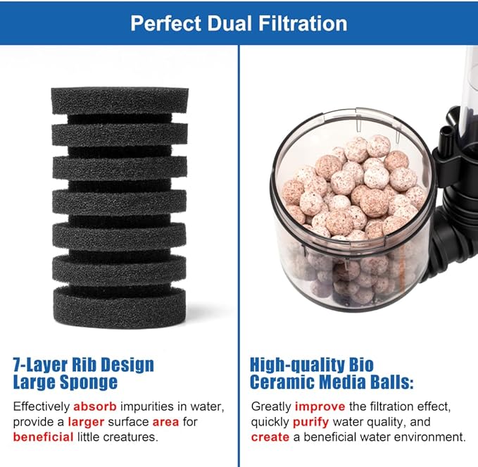 DaToo Aquarium Sponge Filter Fish Tank Foam Filter Quiet Submersible Bio Sponge Filter with 2 Spare Sponges and 1 Bag of Bio Ceramic Media Balls (DT-200A)