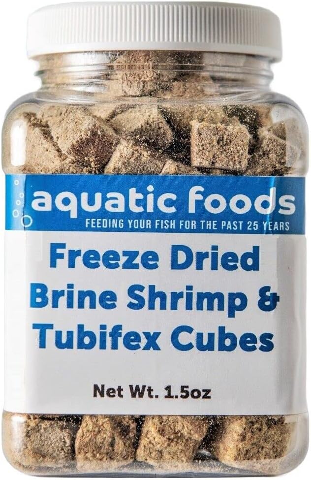 Freeze Dried Floating Brine Shrimp Cubes and Tubifex Cubes for All Tropical Fish, Marine Fish, Discus, Cichlids, Koi & Pond Fish, Turtles…1.5oz Small Jar