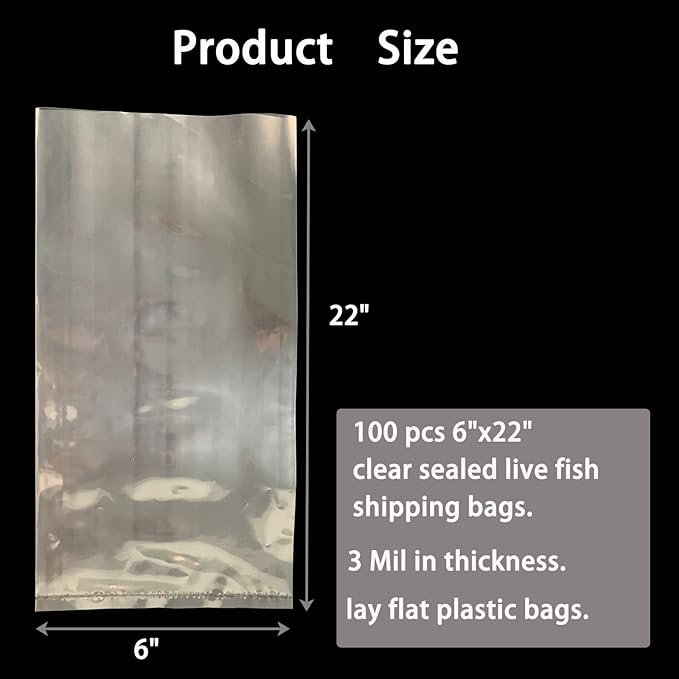 100 Pcs 6"x22" Clear Plastic Fish Bags,3 Mil Thick-Leak-Proof Shipping Bags,for Marine and Tropical Fish Transport,Bottom Seal Storing Leak-Proof Shipping Bags for Live Fish