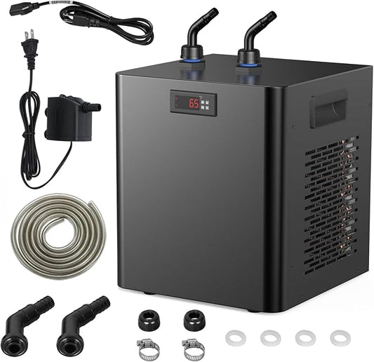 Water Chiller for Aquarium Hydroponics and Cold Plunge, Chiller with Submersible Pump & 1/2" Pipe, Ideal for Ice Bath Tubs Cold Therapy Recovery, Axolotl Jellyfish Coral Reef Tank