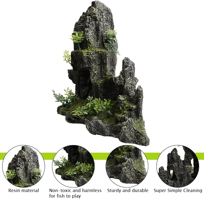11 Inch Large Aquarium Decor, Tall Resin Mountain Rock Cave with Plants for Natural Aquascape – Realistic Fish Tank Decorations & Hiding Place for Betta, Shrimp, Cichlids