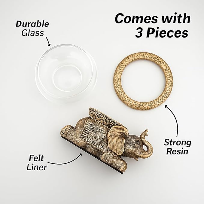 Good Luck Elephant Glass Bowl Gold Antiqued Polyresin Decorative Figurine with Removable Glass Bowl Terrarium, Candle Holder, or Tabletop Aquarium Home Decor with Gift Box