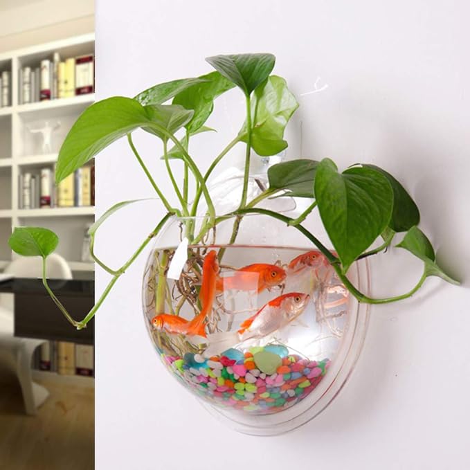 Aquarium Wall Mounted Plant Bowl - 6 Inch Round Acrylic Betta Fish Tank, Hanging Bubble Vase for Plant Propagation & Home Office Wall Decorations