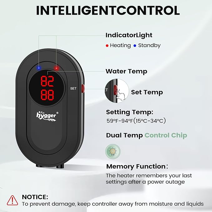 hygger 800W Aquarium Heater with Controller, Submersible Fish Tank Heater Intelligent Leaving Water Automatica Stop Heating and Overheat Protection, 80-220 Gal Turtle Heaters for Freshwater Saltwater