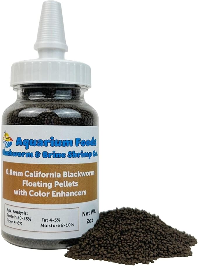 0.8mm Micro California Blackworm Floating Pellets w/Color Enhancers & Vitamins for Guppies, Tetras, Bettas, Nano Fish, All Baby Fish…2oz Squeeze Bottle