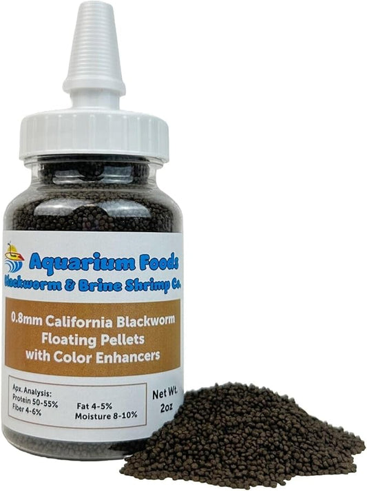 0.8mm Micro California Blackworm Floating Pellets w/Color Enhancers & Vitamins for Guppies, Tetras, Bettas, Nano Fish, All Baby Fish…2oz Squeeze Bottle