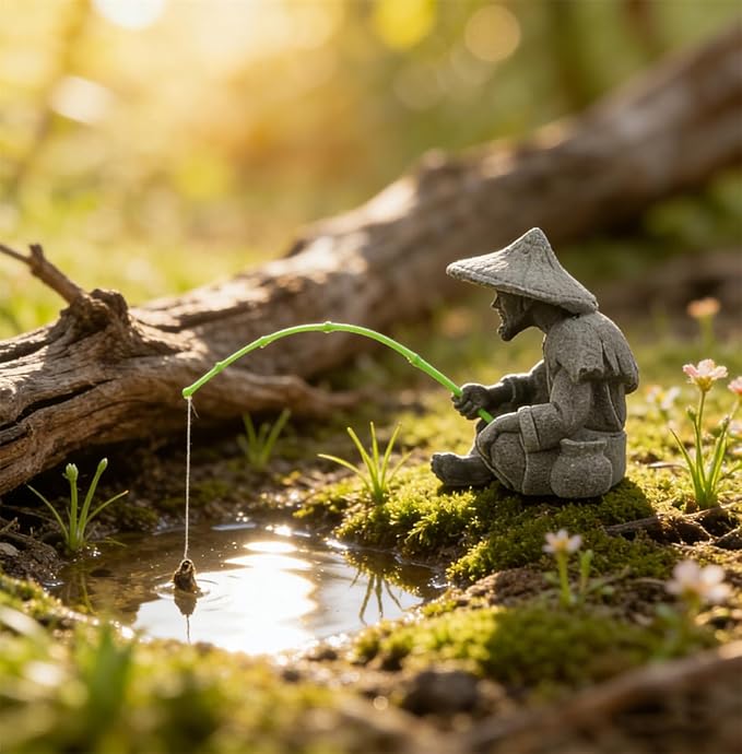 livelyfish Mini Fisherman Statue Asian Zen Decoration Sitting Fishing Figurines Sandstone Vintage Ornament for Aquarium Fish Tank Pot Garden Home Japanese Decor (C2)