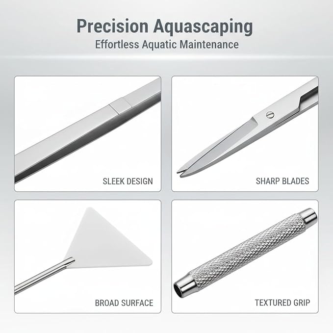 Aquascaping Tools Kit, 6 Pcs Stainless Steel Aquarium Plant Tools Set with Silver Acrylic Holder, 15 in Tweezers, 11.8 in Scissors, Algae Scraper, 12.6 in Sand Spatula