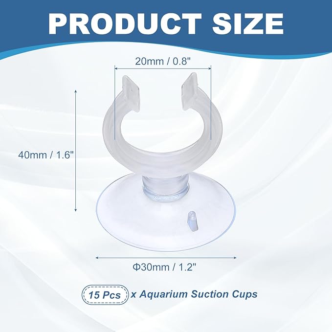 Aquarium Suction Cups, Fish Tank Suction Cups Clips Airline Tube Holders Clamps (Plastic, 15Pcs, Clear) for 0.8" Fish Tank Airline Tubing Binding Moss Shrimp Nest, 20x30MM