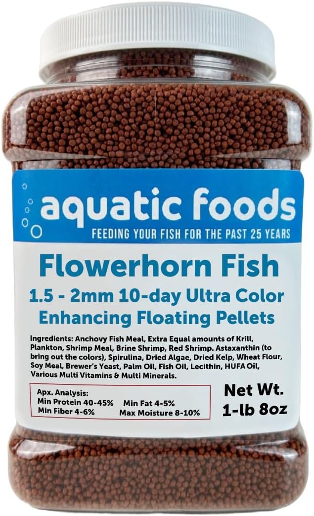 Flowerhorn Fish Ultra Red Color Enhancing 1.5mm-2mm Floating Pellets. Color Enhancing in 10-Days for Baby, Juvenile and Adult Flowerhorn…1-lb 8oz Medium Jar