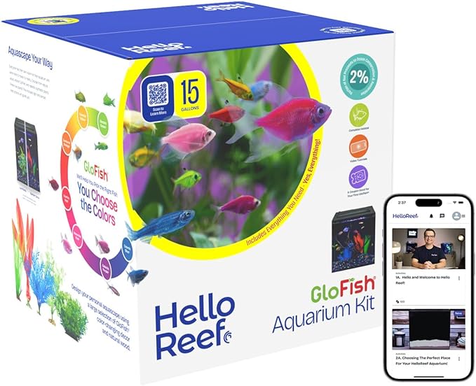 HelloReef 15 Gallon Glofish Complete Freshwater Aquarium Kit with App Controlled Smart LED Lighting, Filtration, Glofish Decor, and Guided Online Learning Center