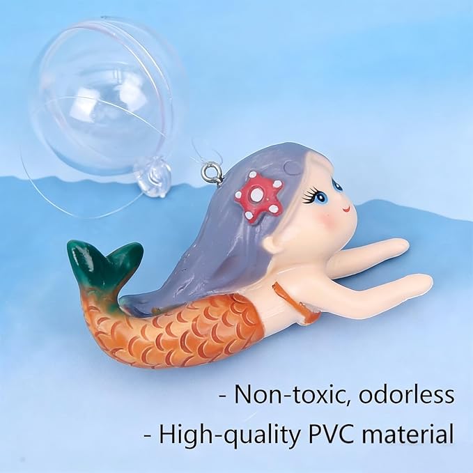 Floating Mermaid Aquarium Ornament, Handcrafted Cute Mermaid Statue with Floating Ball, Colorful PVC Resin Fish Tank Decor for Home Aquariums & Desktop Water Features (Orange)
