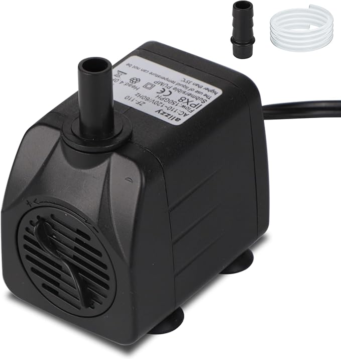 alizzy 150 GPH (570L/H) 10w Durable Small Submersible Water Pump with Tubing for Fountain, Aquarium, Fish Tank, Hydroponics, Pond