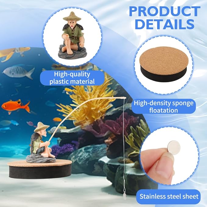 Resin Fisherman Aquarium Decor with Realistic Mini Fishing Rod, Sitting Fishing Figurines Floating Fish Tank Decorations, Fun Fish Feeder Aquarium Ornaments(Style 1)
