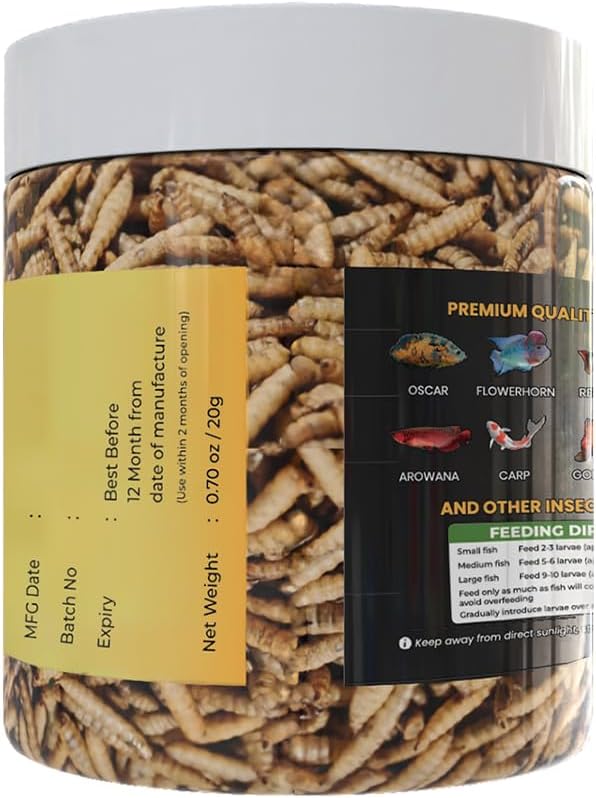 Dried Black Soldier Fly Larvae - 100% Natural Protein Rich Fish Food for Arowana, Flower Horn, Oscar, Koi, Cichlids, Discus, Redtail Shark (20 g/0.7 Oz/100 ml)