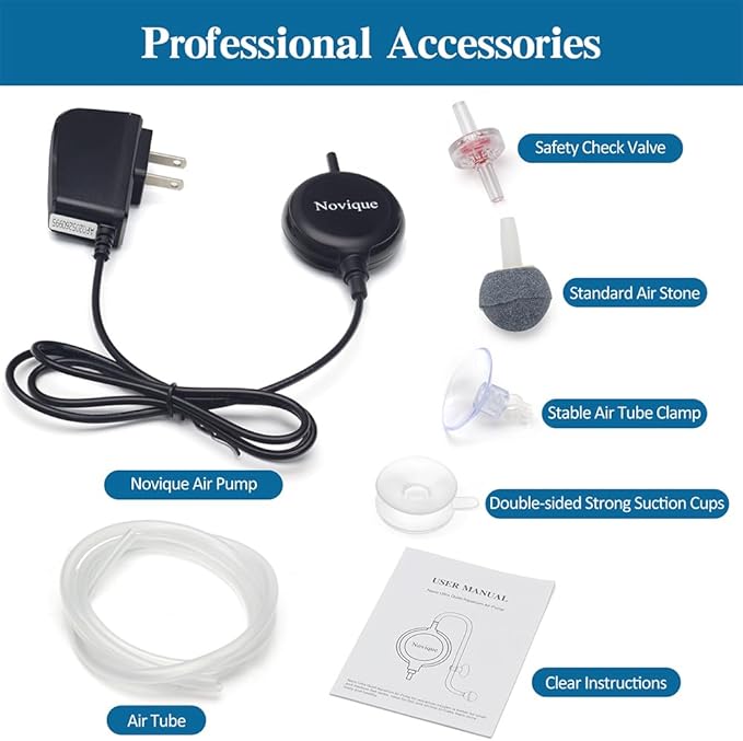 Nano Ultra Quiet Aquarium Air Pump 1.5W Mini Oxygen Aerator with Accessories for 1-15 Gallon Fish Tank Super Silent Black