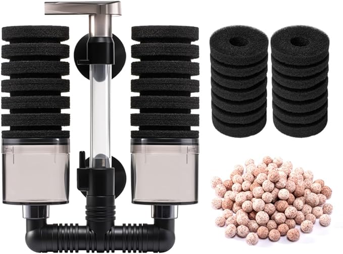 DaToo Aquarium Sponge Filter Fish Tank Foam Filter Quiet Submersible Bio Sponge Filter with 2 Spare Sponges and 1 Bag of Bio Ceramic Media Balls