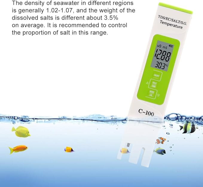 Digital Salinity Tester, 5-in-1 Multifunction Water Quality Meter for Saltwater Aquariums, Pools, and Koi Fish Ponds, Backlit Display