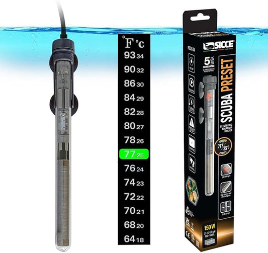 Sicce Scuba 150 Watt Aquarium Fish Tank Heater Preset at 77℉ for Up to 45 Gallons | 150W Submersible for Marine Saltwater and Freshwater | Run Dry Protection