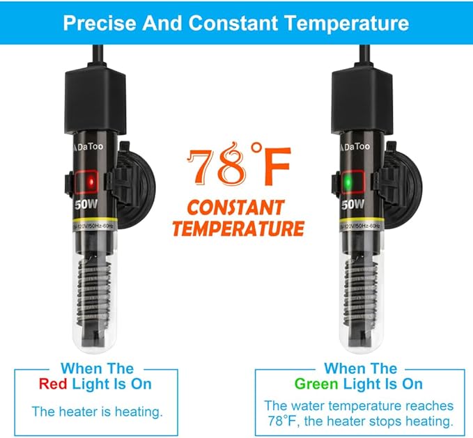 DaToo Mini Aquarium Heater 50W Small Fish Tank Heater 50 Watt with Free Thermometer Sticker