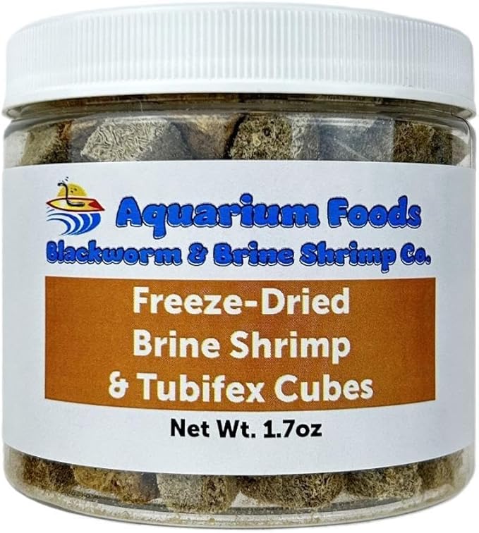 Brine Shrimp & Tubifex Worms - Freeze-Dried Brine Shrimp & Tubifex Cubes for Discus, Cichlids, Koi, Pond Fish, Aquatic Turtles, All Tropical Fish, Marine Fish..1.7oz Med Round Jar
