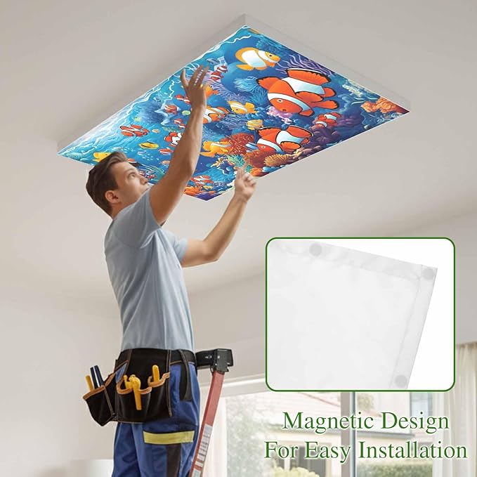 Marine Organism 4PCS Fluorescent Light Covers - Lampshade Ceiling Lights with 10 Magnets Fixtures, Underwater World Fish Coral Light Filters Cover Panel for Soften Glare Indoor Spaces Supplies