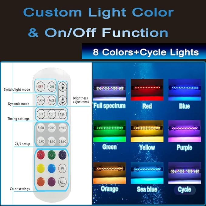 Submersible Aquarium Lights for Fish Tank,24/7 Cycle Fish Tank Light with Timer,Adjustable Brightness,8 Colors,Underwater Full Spectrum LED Aquarium Decor Plant Light,11.8'' for 15gallon Fish