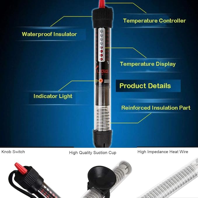 Aquarium Heater Submersible Betta Fish Tank Heater with Suction Cups Auto Thermostat Heater Marine Saltwater and Freshwater (200W)