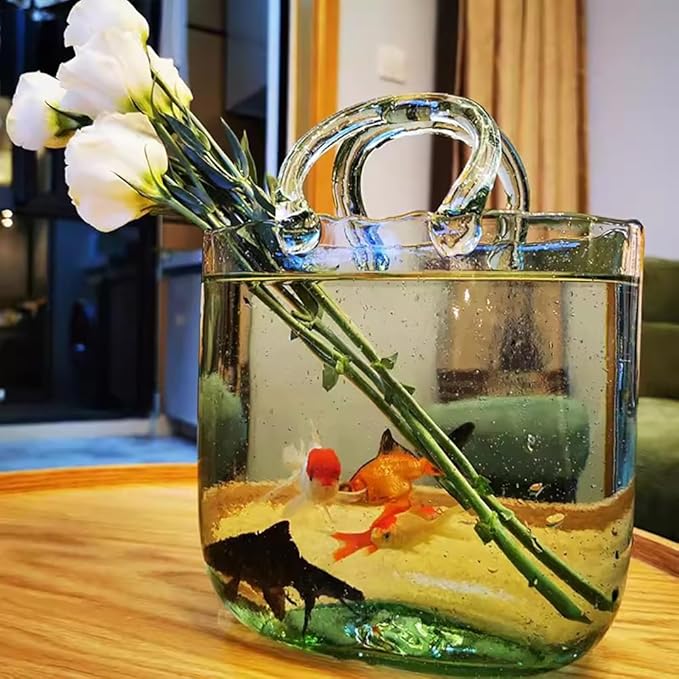 Open Glass Aquarium, Handbag Shaped Fish Tank, Special Shaped Transparent Betta Fish Tank, 2 in 1 Vase & Aquarium Container, Living Room Vase Decorations, Modern Aquarium for Girls,Blue