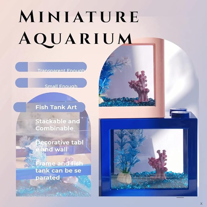 Small Betta Fish Tank, Stackable Mini Fish Tank Aquarium Tank Kit, 3/5 Gallon Rectangular Fish Bowl with Aquarium Gravel Decoration, Tiny Cube Tank for Seaweed Balls Sea Monkeys