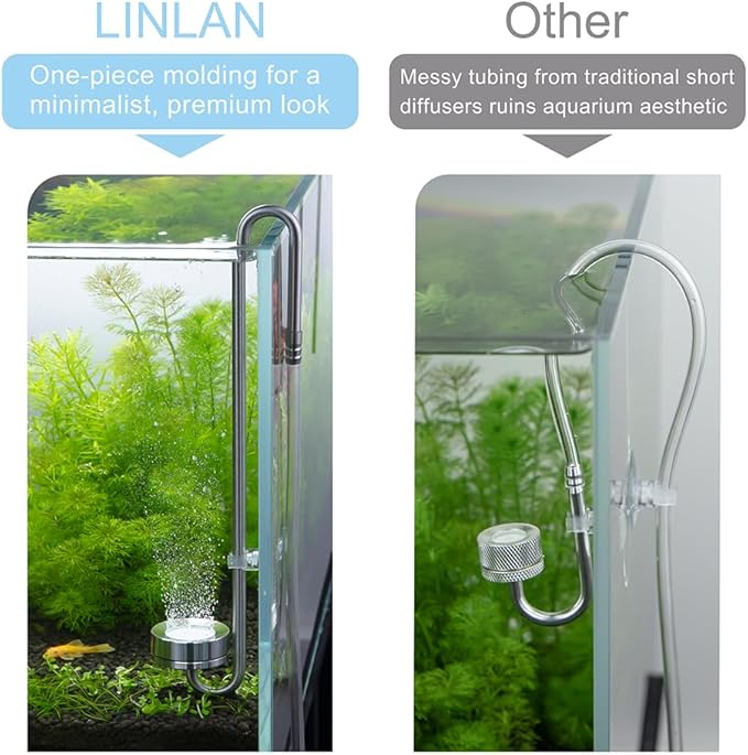 LINLAN 11.84in 304 Stainless Steel CO₂ Diffuser, Frosted Matte Material(One-Piece Molding), Equipped with Silicone Suction Cup + Replacement Diffusion Disc, Suitable for Rimless Planted Aquariums