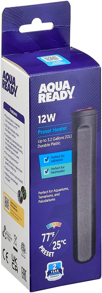 AquaReady 12w Preset Aquarium Heater - Submersible Fish Tank Heater for Freshwater & Saltwater Aquariums, Reliable & Energy Efficient, Compact Design for 3 Gallon Tanks