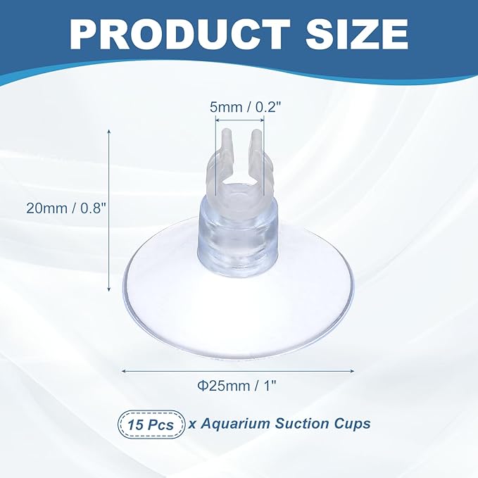 Aquarium Suction Cups, Fish Tank Suction Cups Clips Airline Tube Holders Clamps (Plastic, 15Pcs, Clear) for 0.2" Fish Tank Airline Tubing Binding Moss Shrimp Nest, 5x25MM
