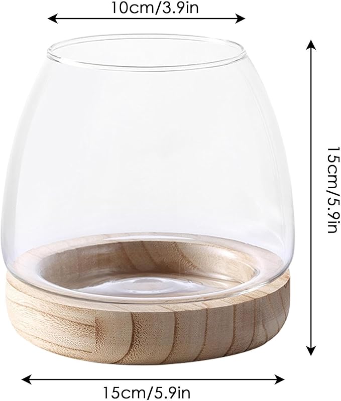 Glass Fish Bowl with Wooden Base, Transparent Small Aquarium Desktop Tank Vase Plant Terrarium Vase Home Decor, Multipurpose Aquarium Bowl for Betta Fish Goldf-ish