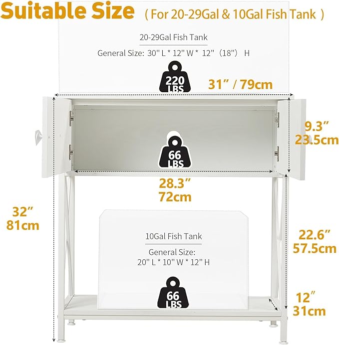 LAQUAL 20-29 Gallon Aquarium Stand with Cabinet, 20 Gallon Long Fish Tank Stand with 31''L * 12''W Tabletop, Double Heavy Metal Stand with Stable Structure, Adjustable Table Feet - White