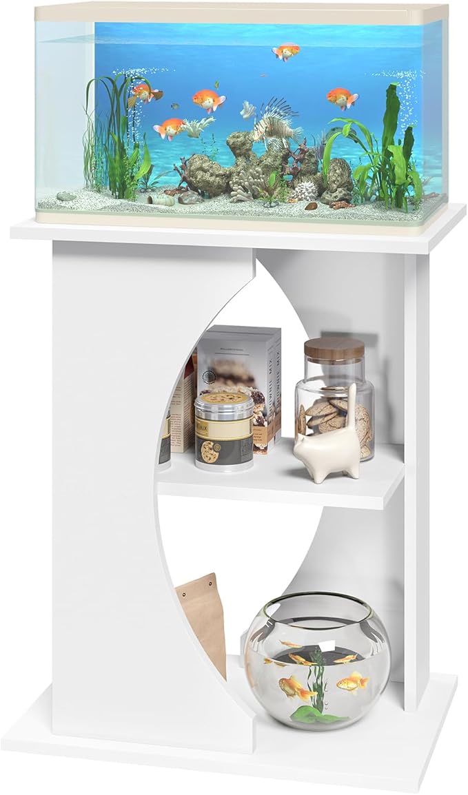MAHANCRIS 10 Gallon Fish Tank Stand, Wooden Aquarium Stand with 3-Tier Storage Shelves, Heavy Duty Turtle Reptile Terrarium Tank Stand for Home Office, 23.6" L x 11.8" W x 29.9" H, White FTWT7601