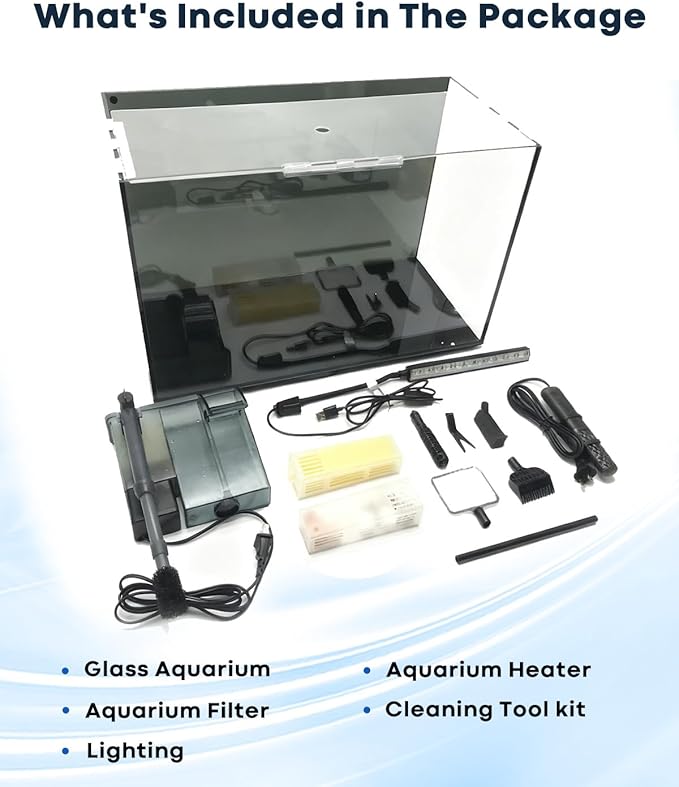 10 Gallon Aquarium Set Glass Fish Tank, Heater Self Cleaning System Filter with Media Bright Light Cleaning Tool, Leak-Proof Clear Rimless Betta Tropical Freshwater Fish