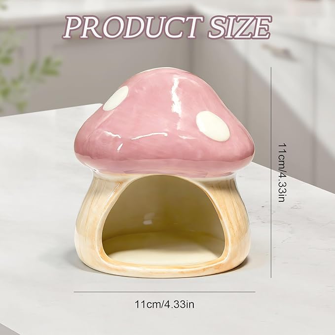 Betta Fish Tank Accessories, Ceramic Mushroom House Aquarium Decor - Cute Pink Hideout Cave Ornament for Small Fish, Shrimp, Goldfish, Hamsters & Reptiles (Pink)